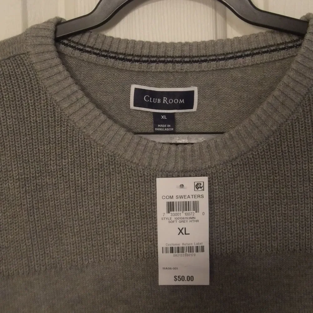 Club Room‎ Men's Classic Crewneck Soft Knit Sweater Casual Pullover Gray XL